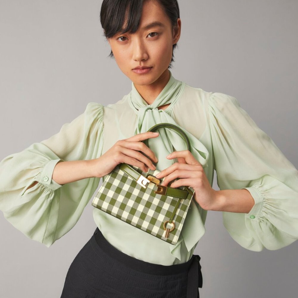 NWT Tory Burch Lee Radziwill Petite Bag Gingham Crossbody in Leccio - Picture 2 of 11